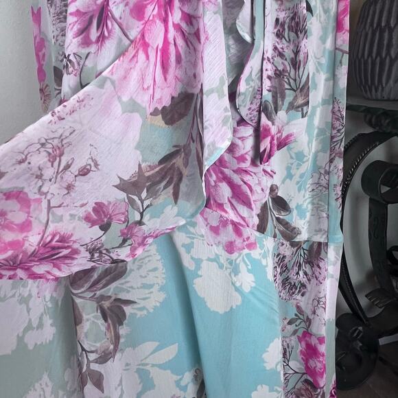 Eliza J Cascading Ruffled Floral Maxi Dress Faux Wrap Flutter Sleeve A-Line 10 - Picture 7 of 13